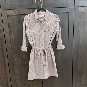 LOFT Dark Brown and White Striped Long Sleeve Dress